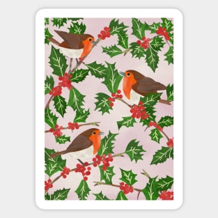 Three little paper cut robins on a holly bush Sticker